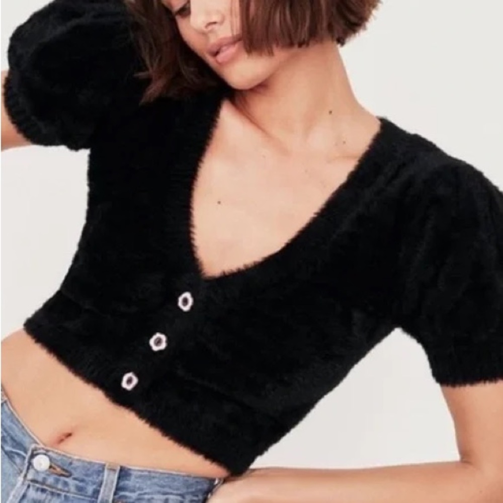 For Love And Lemons Black Fuzzy Cropped Cardigan with Puff Sleeves